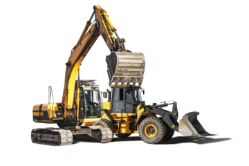 Large construction equipment is isolated and available for rent, showing its capabilities for excavation and loading tasks on job sites. Excavator and loader.
