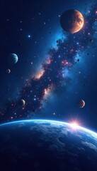 Galaxy with stars and planets in a dark blue sky , universe, cosmos, stars