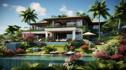 Fototapeta premium A photo of a triple-story villa with lush green surroundings.