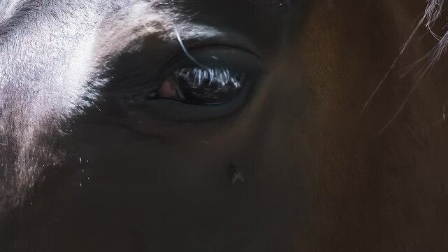 Horse with expressive eyes in deep melancholy turing its head. Closeup captures the animal's sadness while tormented by flies.