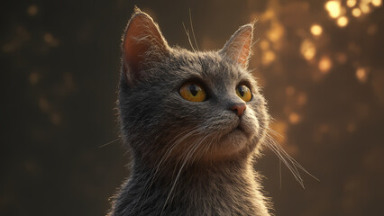 Gray Cat with Bright Eyes in a Warm Outdoor Setting at Dusk