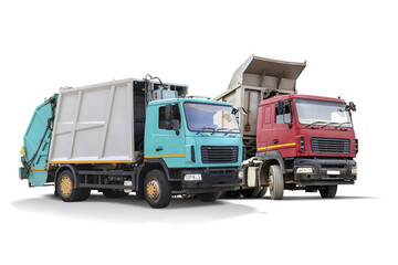Two isolated construction vehicles are parked, one turquoise and one red. Both trucks are designed for waste transport and display sturdy features.