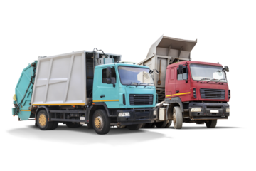 Two isolated construction vehicles are parked, one turquoise and one red. Both trucks are designed for waste transport and display sturdy features.