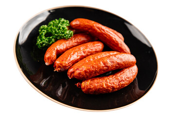 Smoked sausages pork meat beef dish fresh gourmet food background on table rustic food top view...