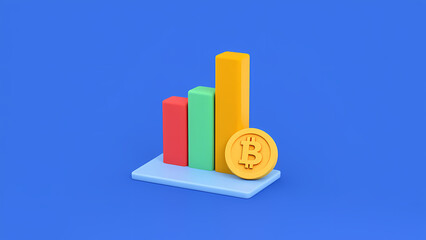Colorful Graph and Bitcoin Coin on Blue Background, Financial Growth
