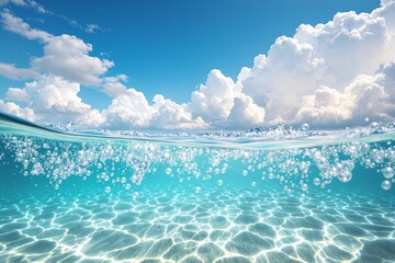 Obraz premium Crystal-clear ocean water with bubbles and sunlight reflections.