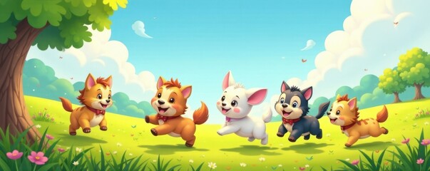 Naklejka premium Group of cute cartoon animals running and chasing each other in a sunny meadow, movement, friendship