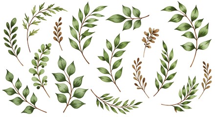 Obraz premium Watercolor greenery branch leaves twigs floral plant forest herbs isolated on white background