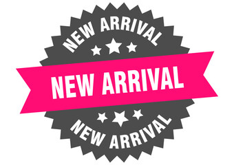 new arrival. new arrival round pink label isolated on transparent background