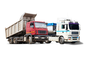 Isolated construction trucks show heavy-duty vehicles prepared for rent, positioned for building...