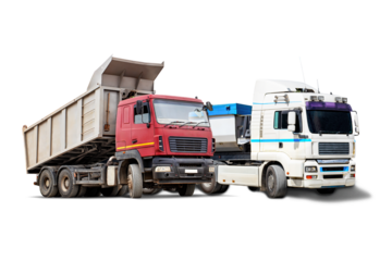 Isolated construction trucks show heavy-duty vehicles prepared for rent, positioned for building projects and construction work in urban settings.