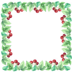 Watercolor frame raspberry branches and leaves