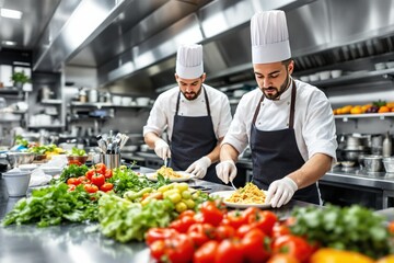 Professional chefs preparing pasta dishes in a modern restaurant kitchen.