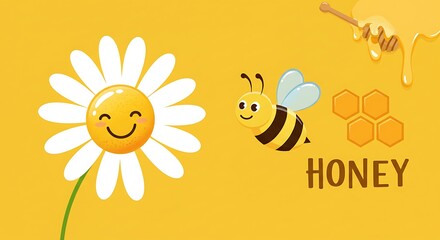 Sweet Honey Cartoon Bee And Daisy Golden Honeycomb Delightful Illustration Happy Bee Collecting Honey From Daisy Cheerful Yellow Honey Theme Artwork Cute Bee Daisy Honeycomb Graphic Design