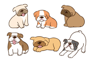 Vector Illustration of Cute Cartoon Bulldog Dog Characters on Isolated Background. Hand Drawn Vector Illustration.