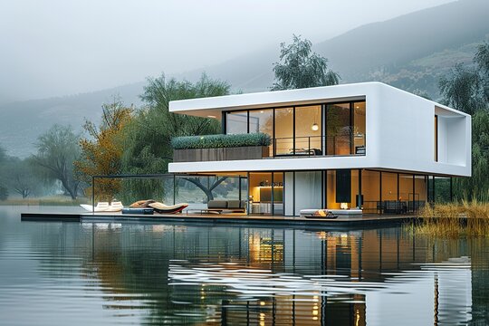 White glass banglow side of beautiful lake