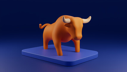 Orange Bull Figurine on Blue Base in Minimalist 3D Style