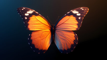 Vibrant Orange Butterfly with Illuminated Wings Against Dark Background
