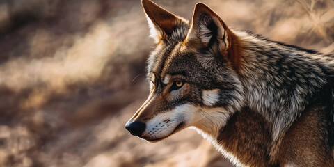 Obraz premium Close-up portrait of a wolf in an arid environment.