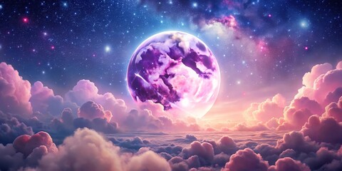 Fototapeta premium Dreamlike Celestial Sphere Above a Sea of Pink Clouds and Sparkling Stars