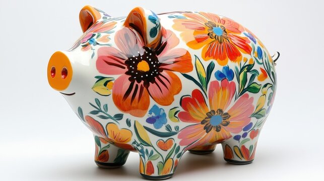 A hand-painted ceramic piggy bank with delicate floral patterns, sitting on a clean white backdrop.