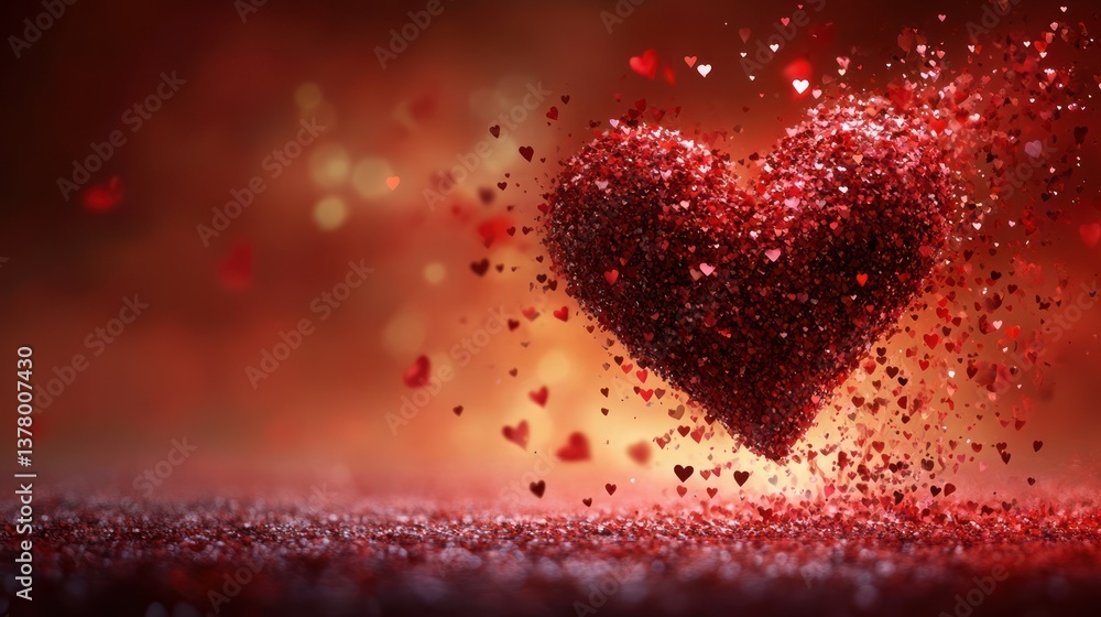 Poster Red glitter heart exploding with smaller hearts on red background.
