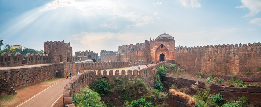 Panoramic view of amazing fort at Bidar, ancient stone wall gateway famous unesco travel destination, Karnataka, India