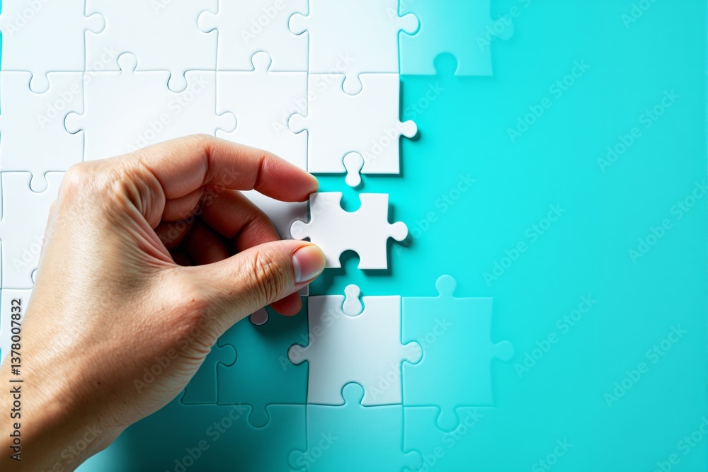 Poster Hand placing last puzzle piece on incomplete jigsaw, symbolizing problem-solving and strategy.