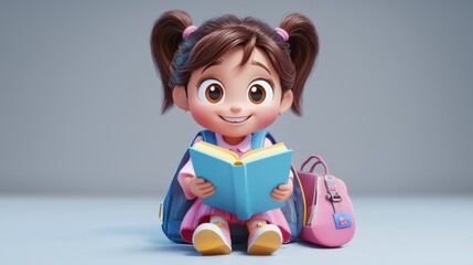 Cartoon girl reading book, seated, school supplies, studio background. Possible use Educational illustration