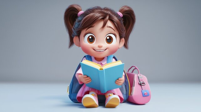 Cartoon girl reading book, seated, school supplies, studio background.  Possible use Educational illustration