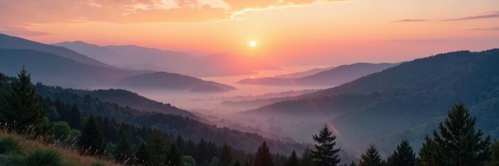 Obraz premium Misty dawn breaks over the hills with a serene and peaceful atmosphere, morning mist, serene