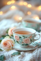 Fototapeta premium Elegant tea set with delicate roses vintage porcelain soft warm lighting cozy atmosphere artistic composition