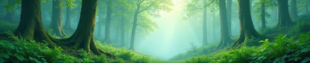 Fototapeta premium Misty forest with dreamy watercolor foliage and ferns, misty, mystical