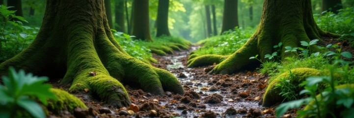 Obraz premium Muddy forest floor with overgrown vegetation and moss-covered tree roots, mossy, outdoors, rugged