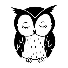 Sleeping owl baby animal characters. Cute cartoon doodle card. Hand drawn textile surface design, cut file, vector black and white illustration