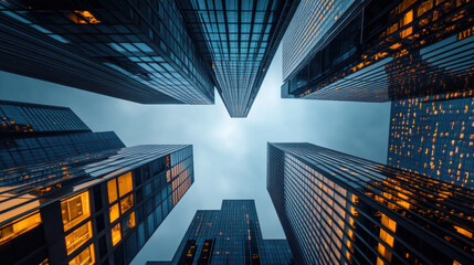 Ultra-modern skyscrapers shot from a worm's eye view, converging at the center of the sky, soft light casting faint reflections