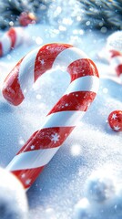 Fototapeta premium Festive candy cane decoration winter wonderland close-up photography snowy environment aesthetic viewpoint holiday spirit
