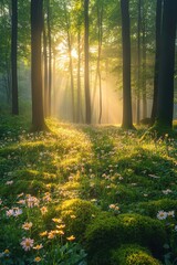 Obraz premium Misty forest with golden sunlight, mosscovered ground and wildflowers, soft ethereal light, wide view