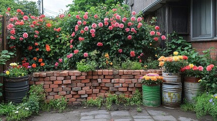 Community Garden Marvel: Recycled - material Landscapes Adorned with Blooming Roses