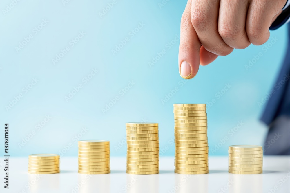 Poster Stacks of gold coins arranged in ascending order with a hand placing a coin on the tallest stack.