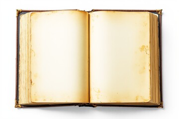 Open antique book with blank aged pages, isolated on white background.