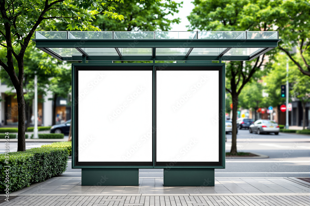 Poster blank billboard mockup at a modern bus stop in an urban setting.