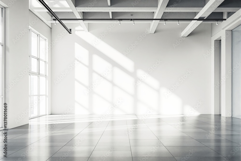 Poster bright empty modern interior with large windows and sunlight shadows.