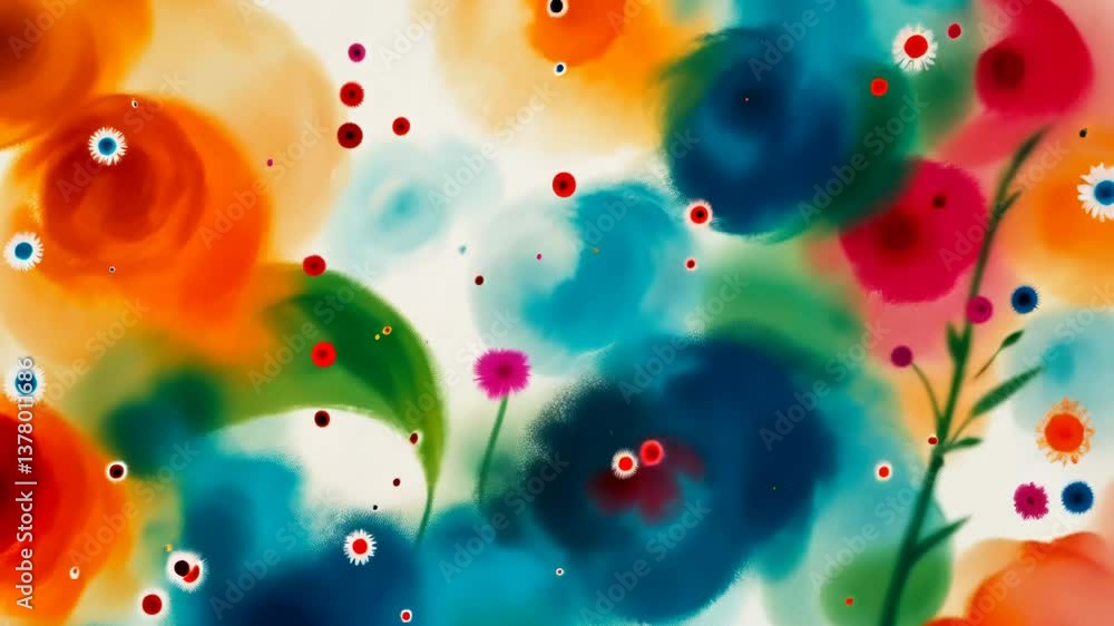 Poster a colorful painting of flowers with a white background. the flowers are in various colors and sizes.
