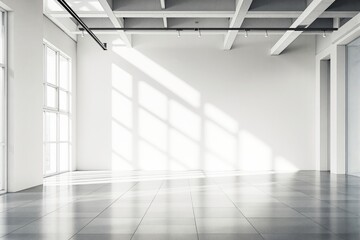 Obraz premium Bright empty modern interior with large windows and sunlight shadows.