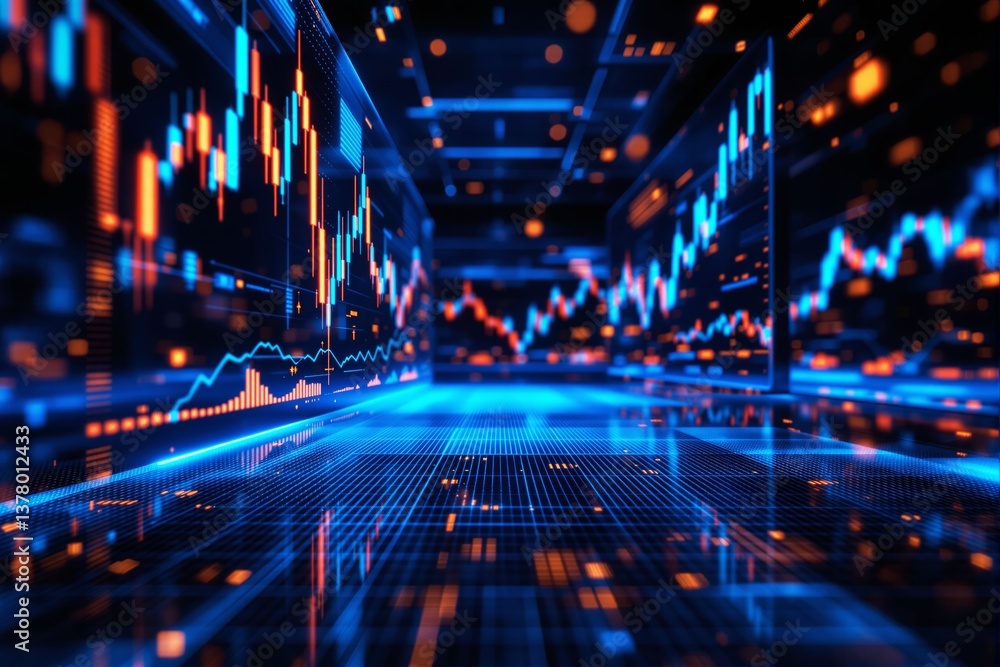 Poster abstract financial background with glowing stock market data and charts.