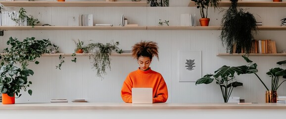 Woman typing on a laptop in front of white shelving with plants