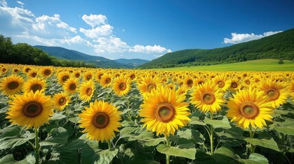 A captivating sea of vibrant yellow sunflowers blooms in a dark green field, showcasing the beauty of nature.