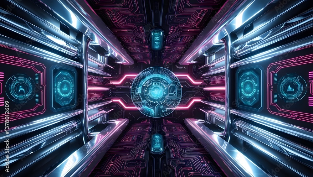 Poster futuristic technology tunnel with circuit patterns, glowing neon accents, and symmetrical architectu