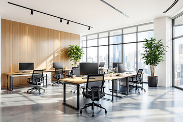 Fototapeta premium Modern open-plan office with wooden desks, ergonomic chairs, and large windows with city skyline view. Natural light and greenery enhance workspace.